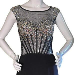 Black Sheer Rhinestone Bodice Full Length Gown